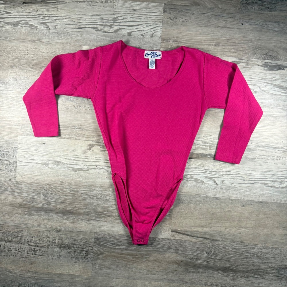 Vintage Betty Blue 80's Hot Pink Ribbed Knit Long Sleeve Bodysuit Medium